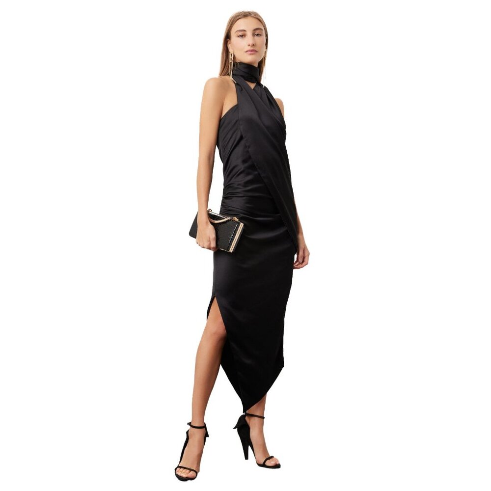 Arias New York Asymmetrical Dress Black Draped Slit Size 6